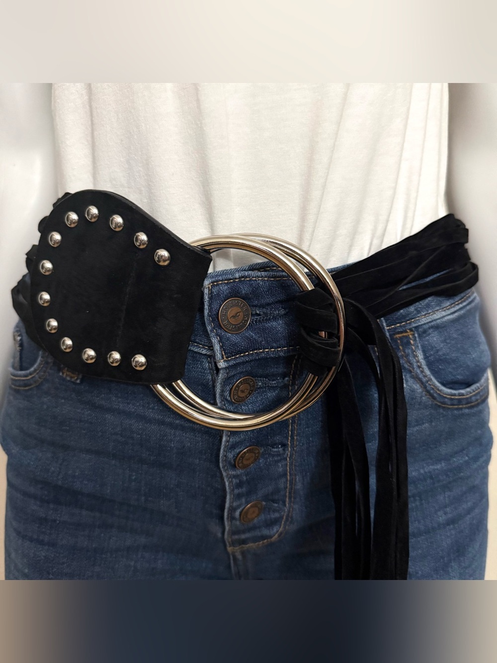Black PU suede leather wrap belt silver ring buckle with long fringe details